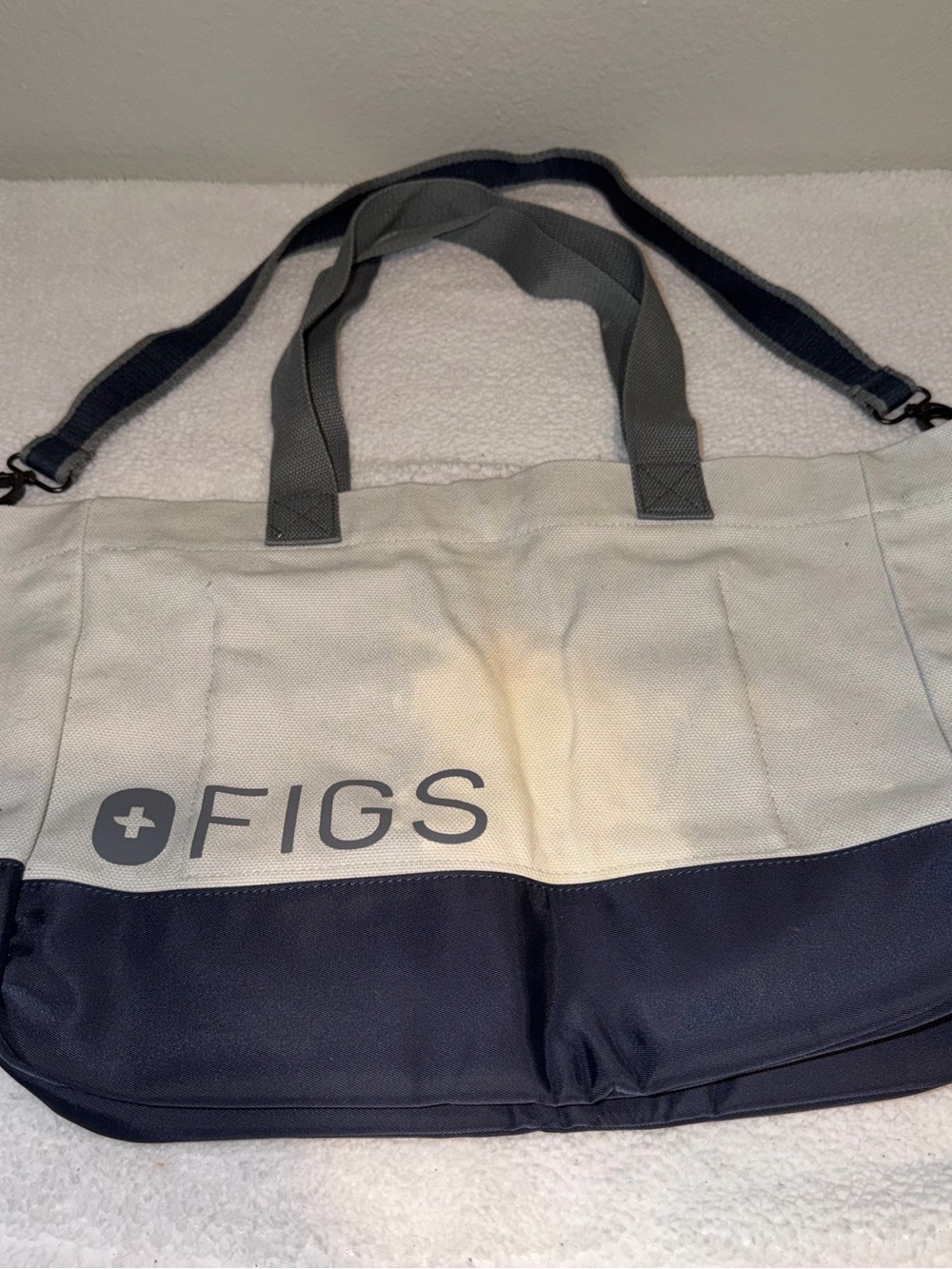 FIGS Two-Tone Canvas Tote Bag in Cream and Navy